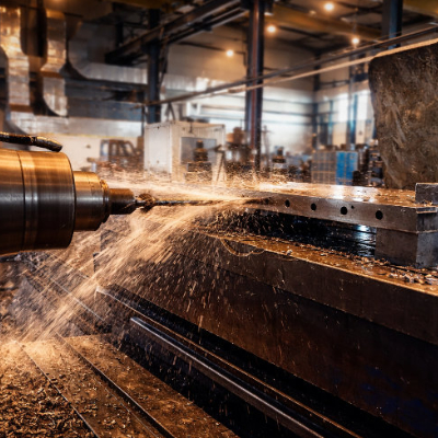 Bild: Das Bild zeigt eine Bohranlage in der Fertigung, wo gerade Löcher in regelmäßigen Abständen in ein Metallstück gebohrt werden.