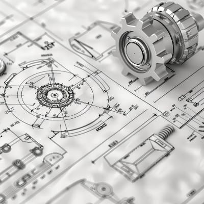 Bild: Das Bild zeigt den komplexen Bauplan eines Werkstückes mit Abmessungen und Zeichnungen von allen Seiten. Das fertige Werkstück liegt auf dem Plan zum Vergleich.