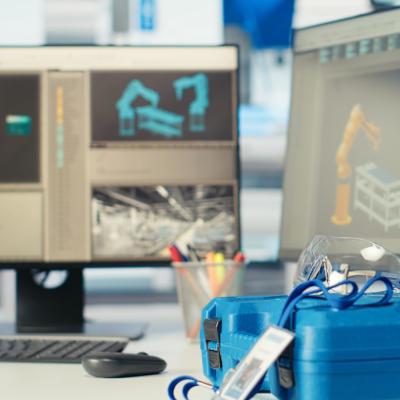 Bild: Das Bild zeigt einen Computerarbeitsplatz und man sieht auf dem Monitor die CAD-Darstellung einer Maschine.