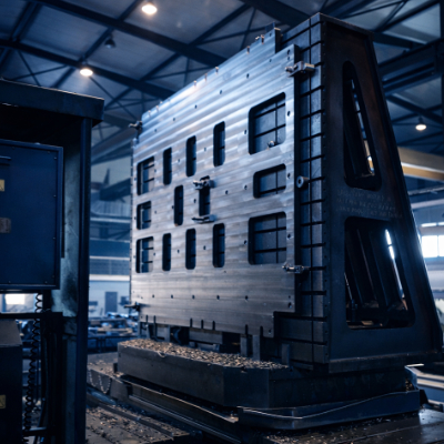 Bild: Das Bild zeigt eine große Ständerplatte in einem einem unserer Bohrwerke. Die Platte steht aufrecht an eine Bohrwand geschraubt und ist gerade behandelt worden.