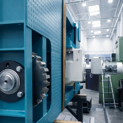 Bild: Das Bild zeigt eine blau lackierte Maschine in einer unserer Hallen, während eines Funktiontests.