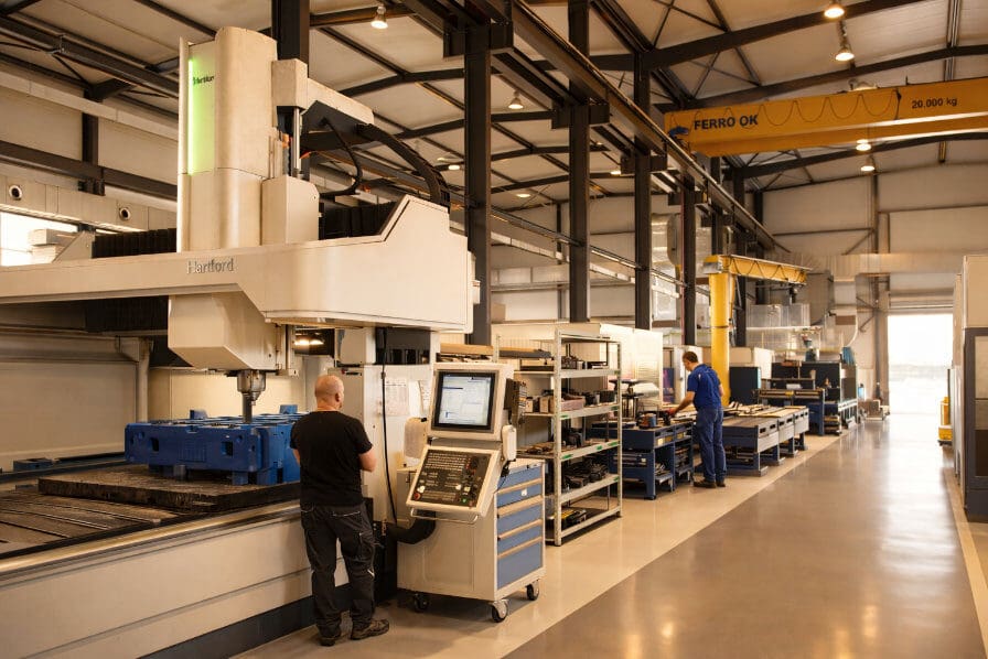 Das Bild zeigt eine moderne Portalfräsmaschine in einer unserer Werkshallen in Haibach, an der gerade gearbeitet wird. Die Halle selbst ist sauber und modern, mit frisch renoviertem Fußboden und hellgrauen Wänden.